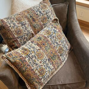 World Market Earth Tone Floral Panel Kilim Boho Style Accent Pillows Set of Two